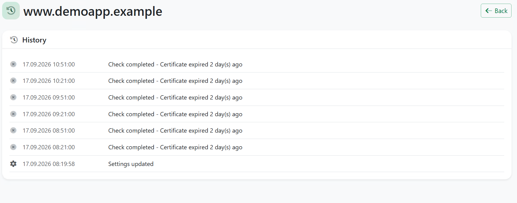 Cert Radar check history showing every check against an expired certificate, plus a settings change