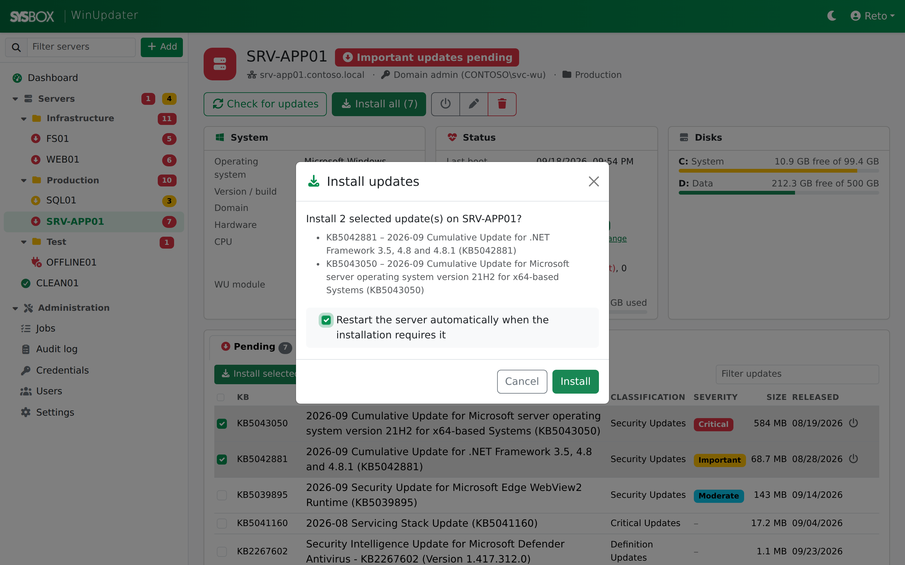 WinUpdater install confirmation dialog with the optional automatic restart